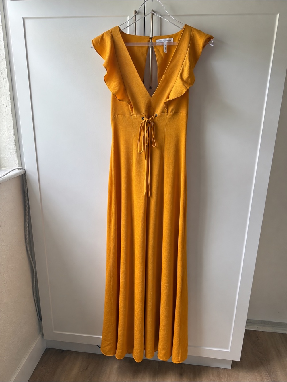 BCBGeneration Mustard Yellow V-Neck Ruffle Maxi Dress